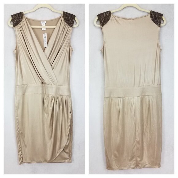 NEW Cache Size M Embellished Shoulders Sheath Dress in Gold NWT $138 w flaw - Picture 1 of 15